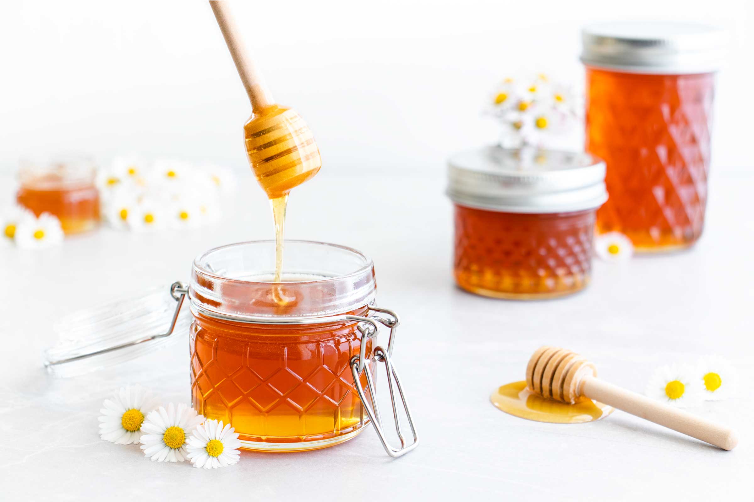 Gänseblümchen-Honig in einem Bügelglas. Von einem Honiglöffel läuft der goldene Gänseblümchen-Honig in das Glas.
