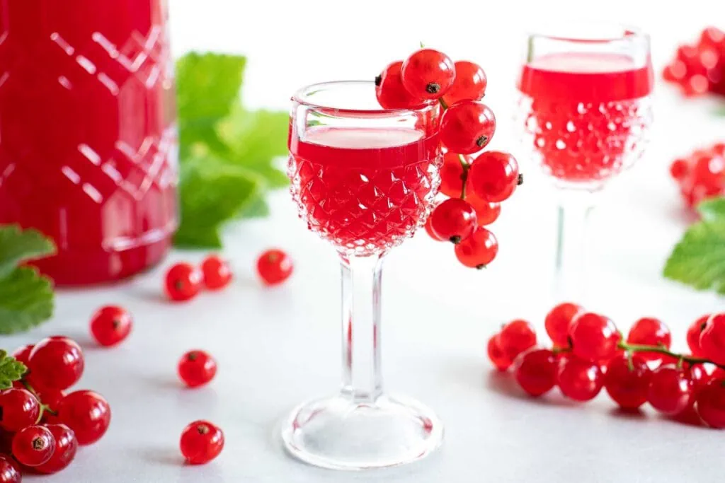 Johannisbeerlikör in einem hohen Schnapsglas garniert mit einer Rispe roter Johannisbeeren. Im Hintergrund steht eine Flasche voll mit dem roten Likör.