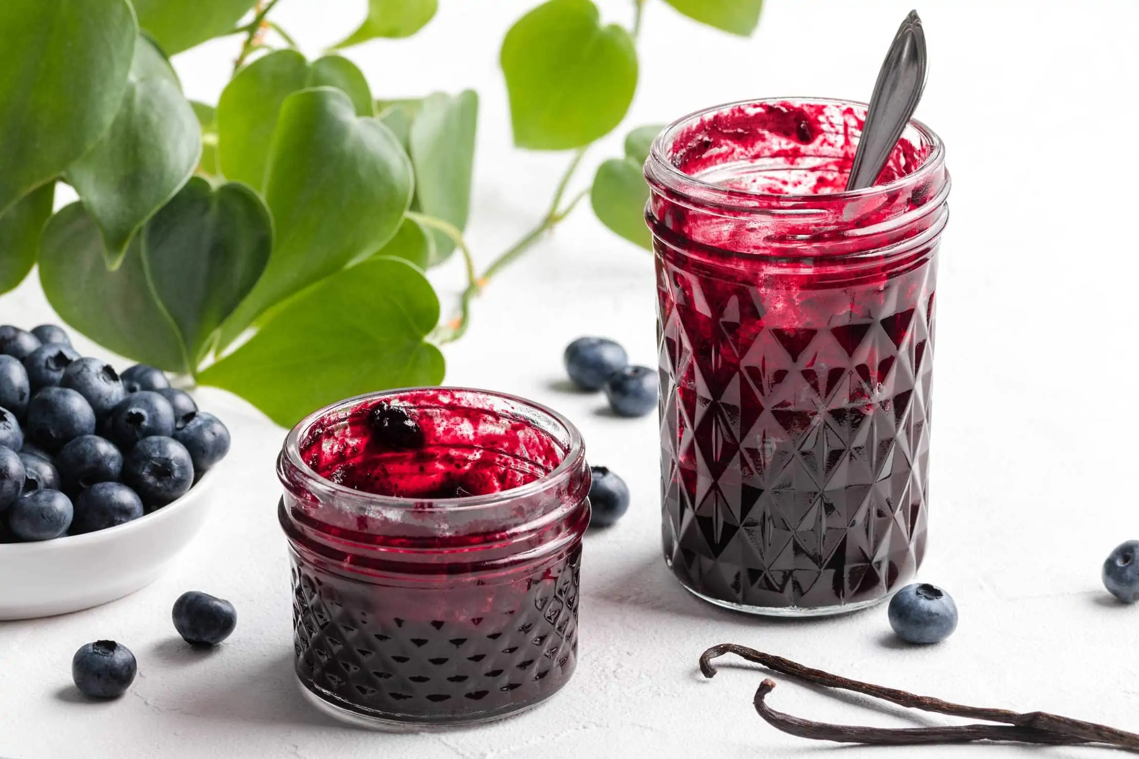 Blaubeermarmelade mit Vanille in zwei Gläsern. Neben der Konfitüre liegen frische Blaubeeren und Vanilleschoten.