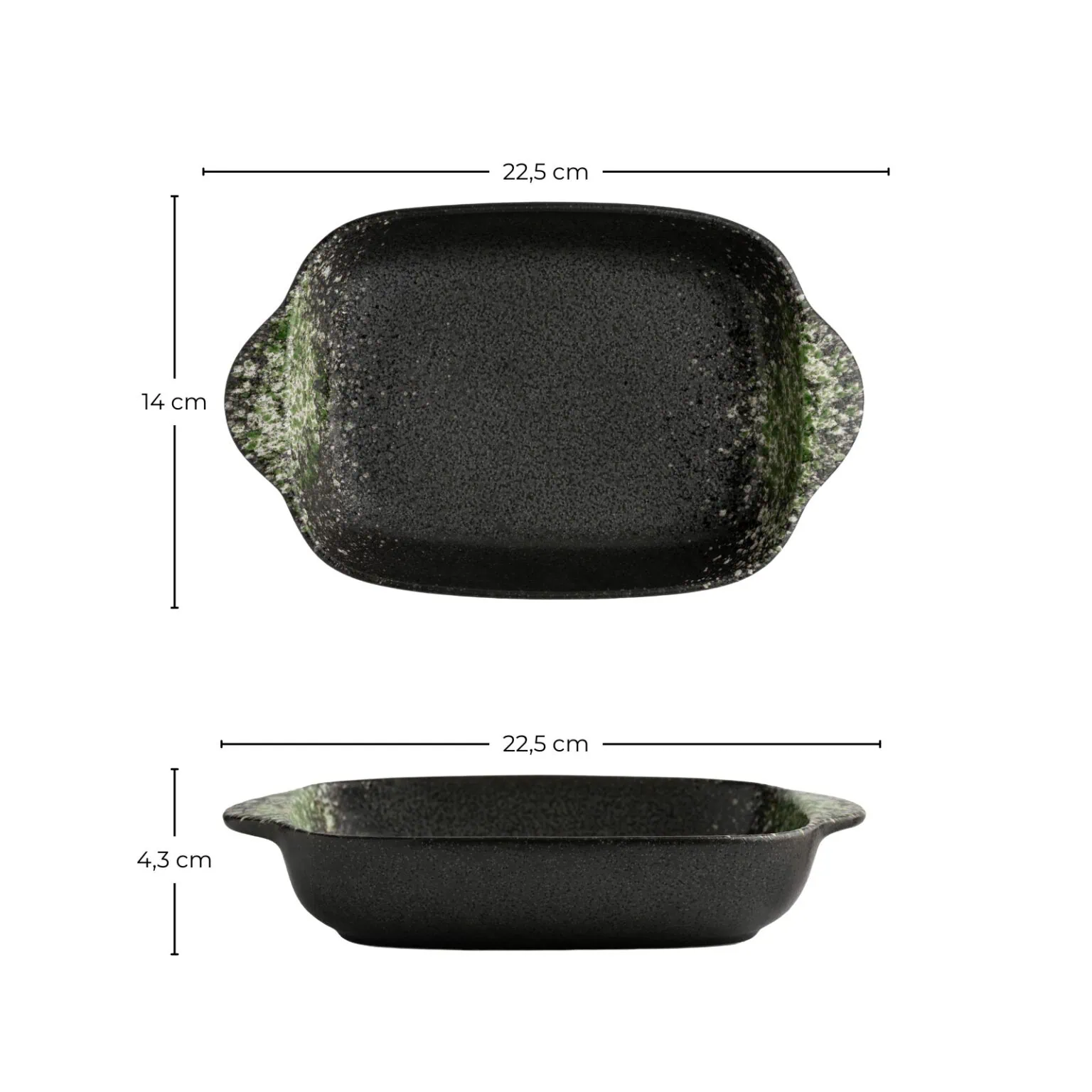 Maßangaben für die kleine Auflaufform aus der Geschirr-Serie Kuro Midori.