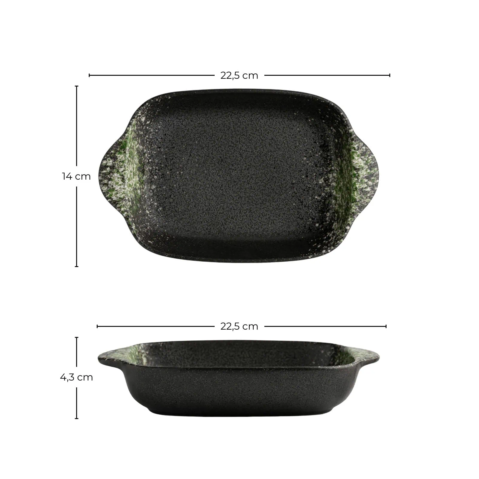 Maßangaben für die kleine Auflaufform aus der Geschirr-Serie Kuro Midori.