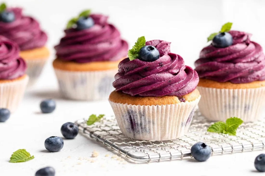 Saftige Blaubeer-Cupcakes mit Frischkäse-Frosting, garniert mit frischen Blaubeeren auf einem Kuchengitter.