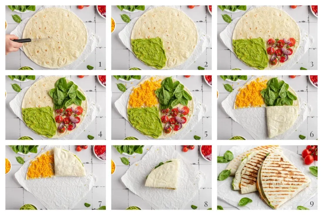 Schritt für Schritt Anleitung zum Füllen und Falten der dreieckigen Wraps nach dem TikTok-Trend.